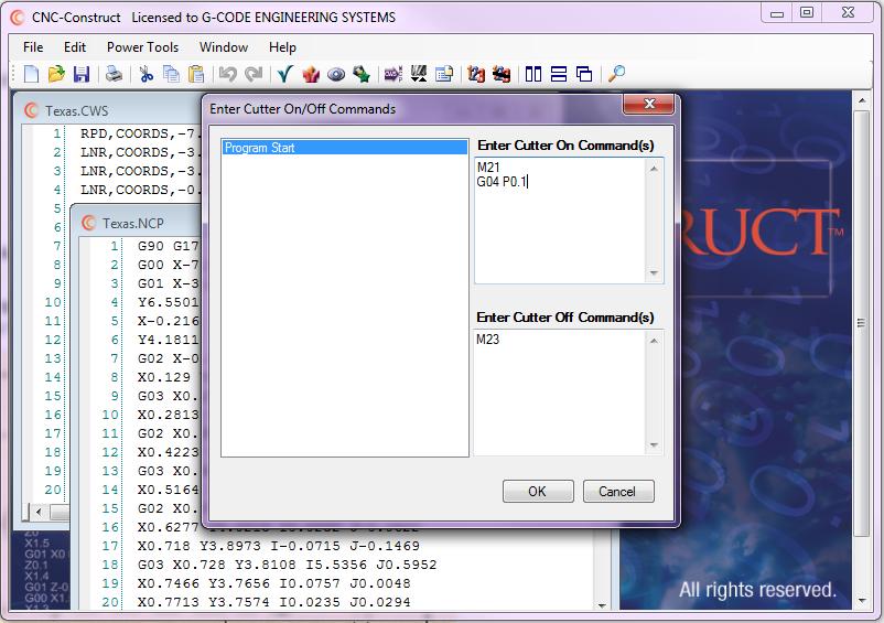 Insert Cutter On/Cutter off Commands into G-Code program